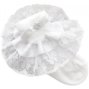 Girls White Lace Ribbon & Diamante Bow Socks